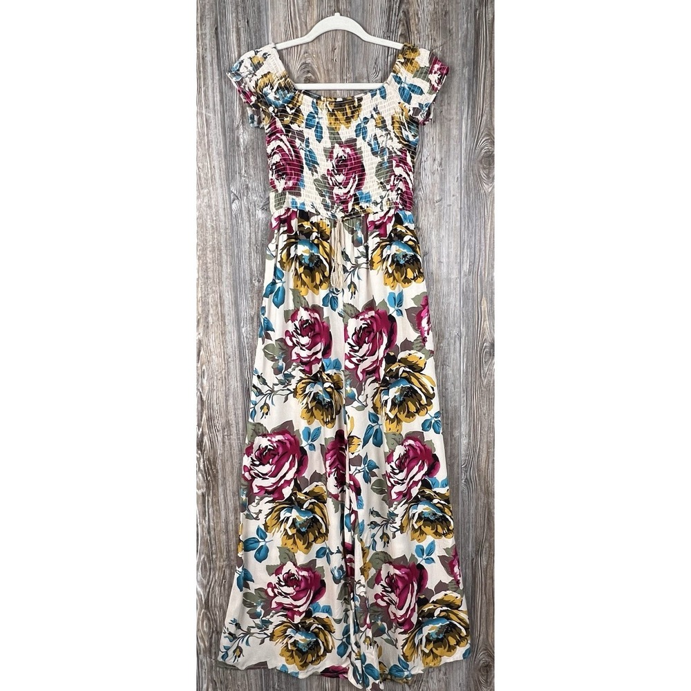 Band of Gypsies S Multicolor Floral Smocked Wide Leg Jumpsuit Romantic Boho Chic